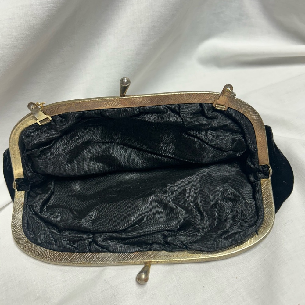 Vintage Black Velvet Purse Gold Color Strap 1960s Evening Bag - Picture 5 of 10